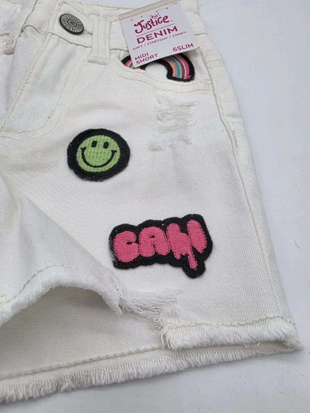 Justice Girl's Childs Shorts Size 6 Slim White Denim Cut Off Patches Midi Short